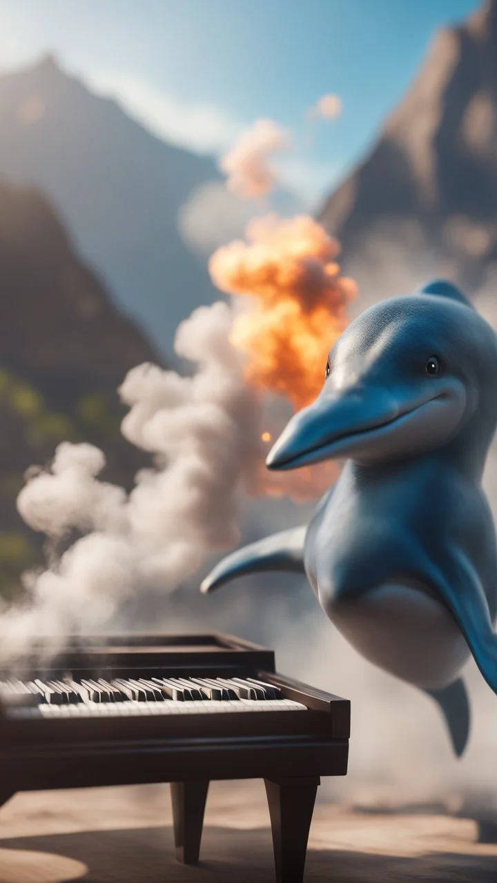 close up danger expression, mountains playing piano, dolphin police stunt man explosion and fall, smoke and blitz, bokeh like f/0.8, tilt-shift lens 8k, high detail, smooth render, down-light, unreal engine, prize winning