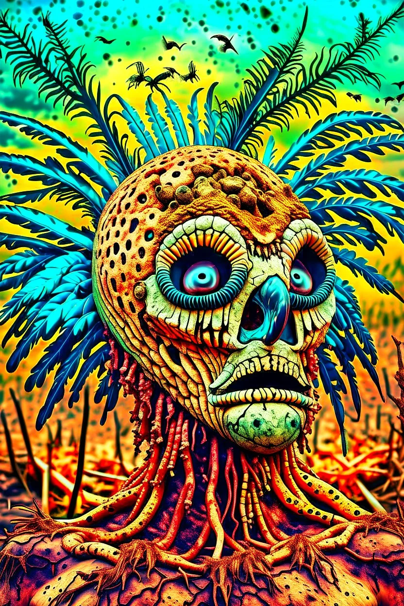 An surreal stunning image of a crepy ritualistic Feathered Mask-face mutant witd dark eyes, pale skin, on creature, with dark muted tones, a grim and weird atmosphere, textured impasto-like effect with ink, intricate details, surreal vibe, expressive focusing, muted tones, gradients, thriller and utopistic mood, in background barren landscape, ruins, dark shadows