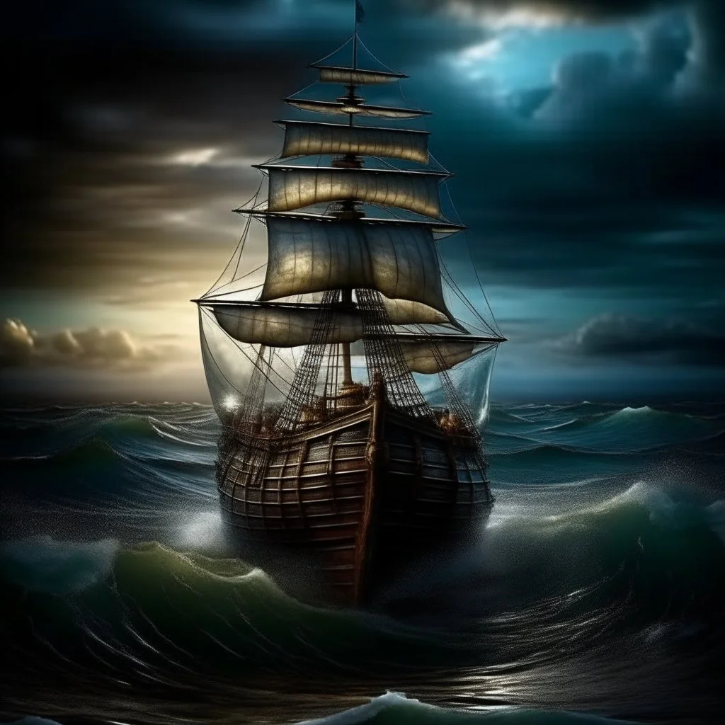 view of turbulent swells of a violent ocean storm, inside a glass bottle on the beach ม dramatic thunderous sky at dusk at center a closeup of large tall pirate ship with sails, breaking light