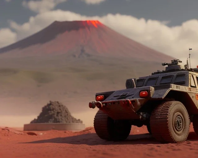 Gi joe driving A White lunar armored rover with tracks and claw and orange, troops, volcano in background