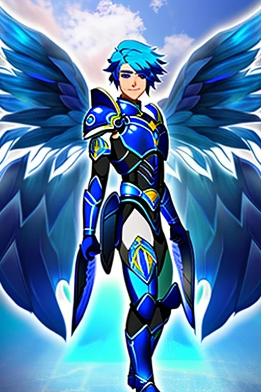 a human male with blue short hair and blue wings in assymetrical armor with geometric patterns and a book in hand