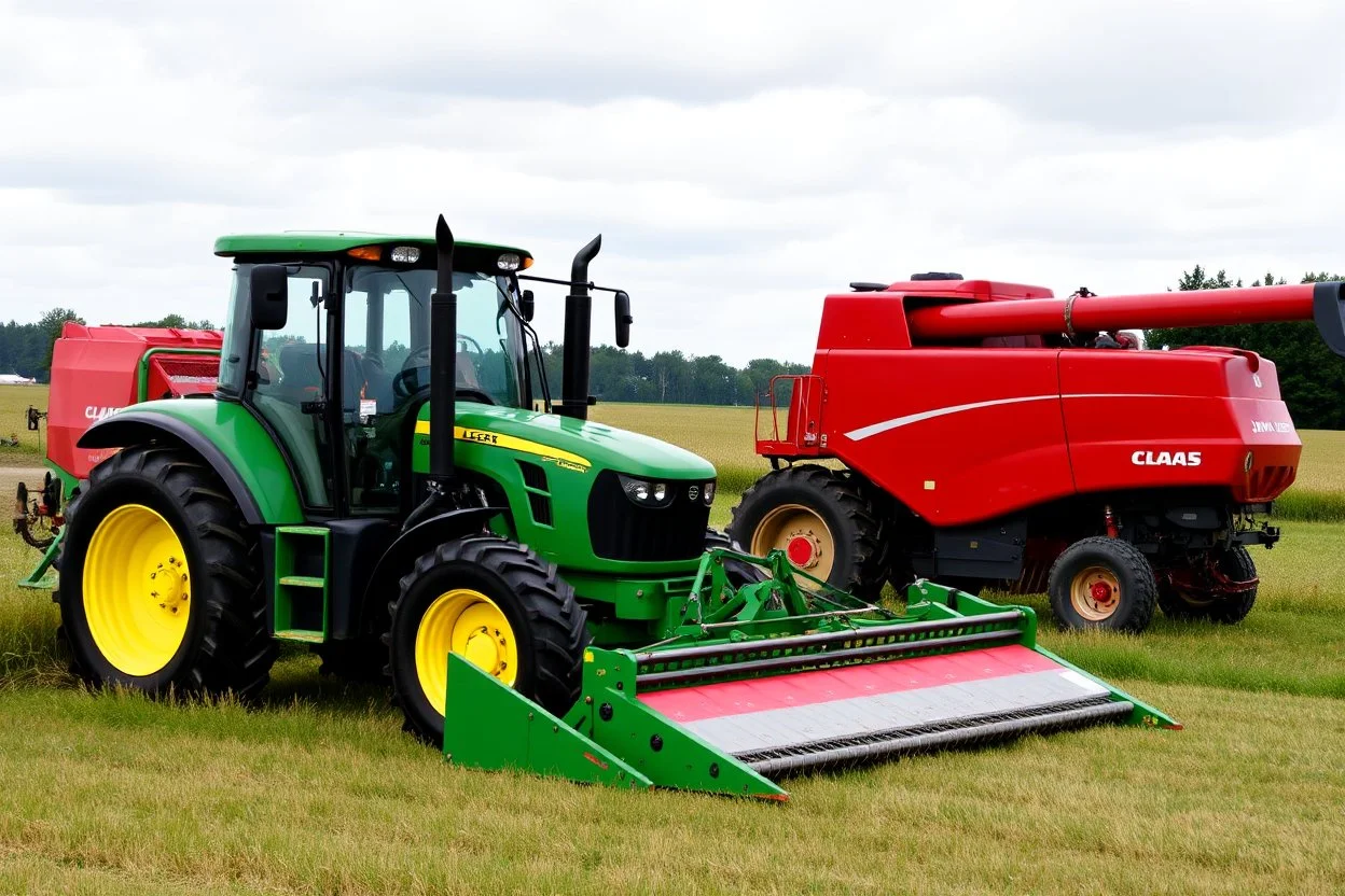 Parked at the edge of a field is a Claas brand Combine(Red) and a John Deere Tractor(Green) with a Vaderstad seeder