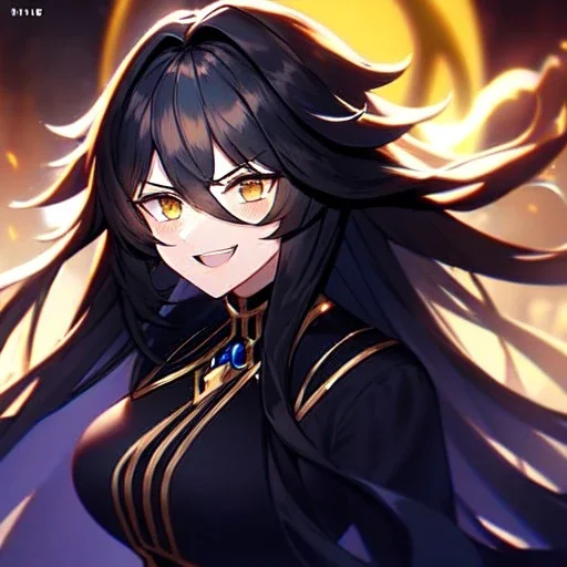 Clear focus, 8k, high quality, detailed, beautiful lighting, girl, vibrant colors, black long hair, vibrant golden eyes, messy hair, laughing, dark magic, angry,