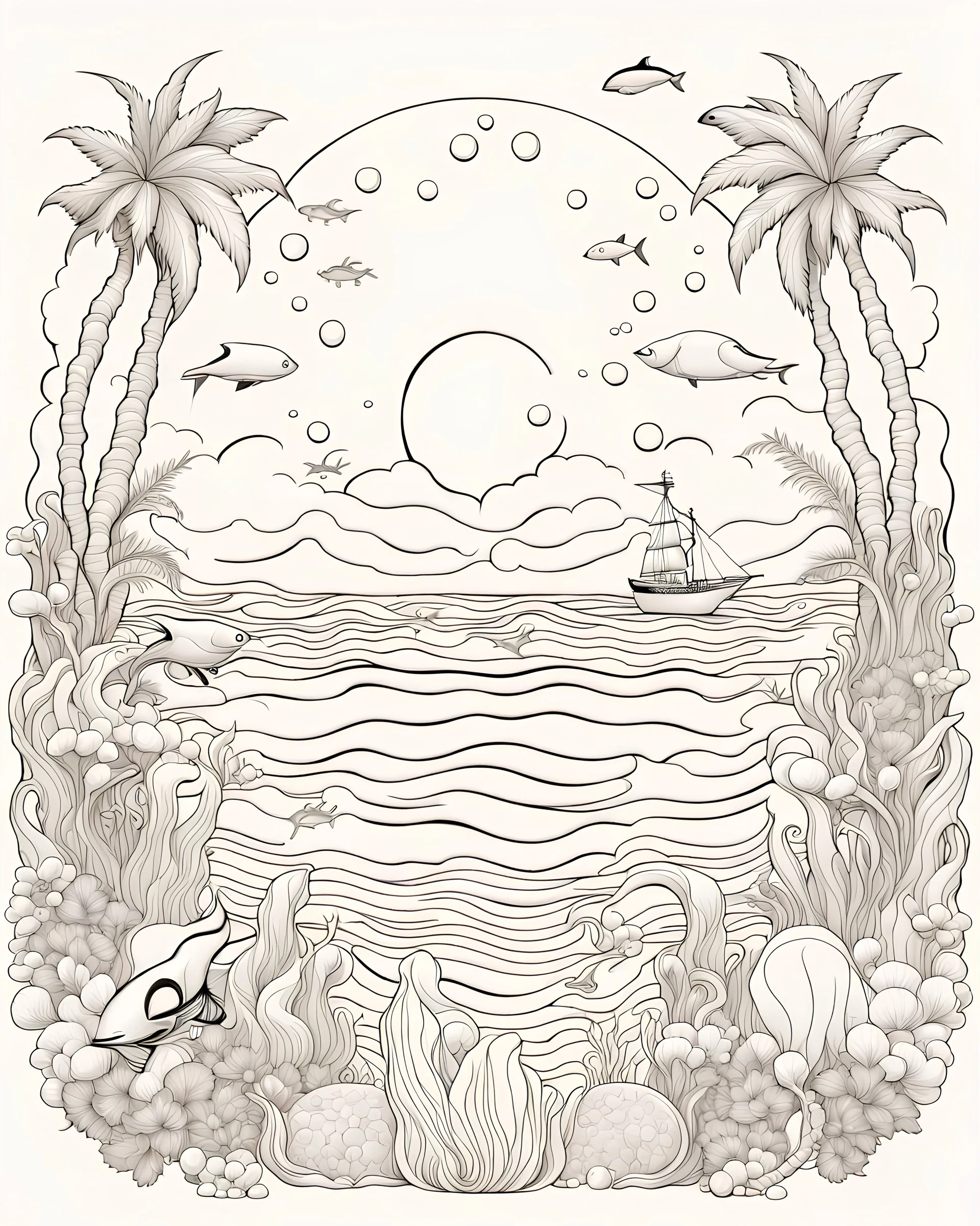 B/W outline art,coloring book page, full white, super detailed illustration for adult,"Abstract Artistic Sea Life", crisp line, line art, high resolution,cartoon style, smooth, law details, no shading, no fill, white background, clean line art, law details,Sketch style.