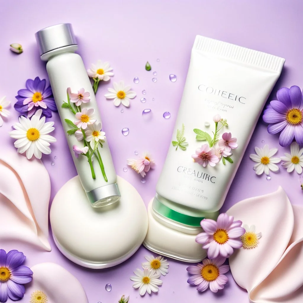 a bottle for cosmetics and a cream jar lies on a beautiful floral background top view, in the background there are beautiful spring flowers and a drop of cream, high-quality picture, top view