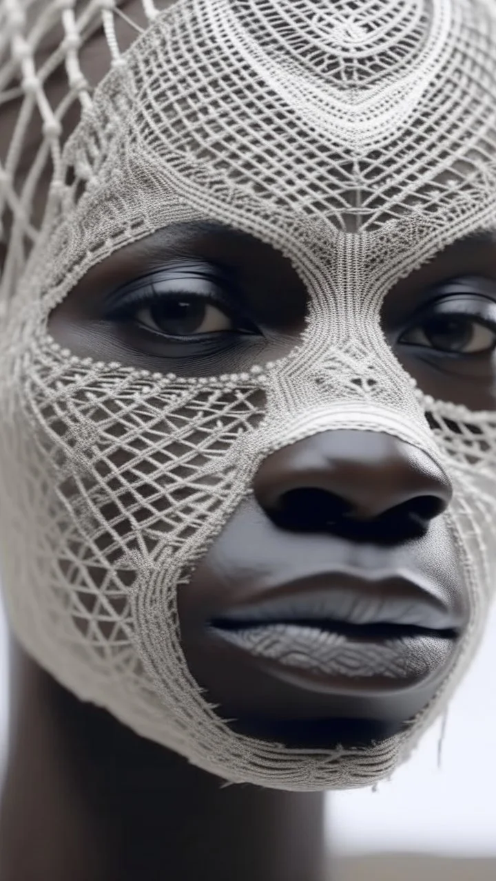 A long hyperrealistic zoomed out shot of a queen face of the African tribes all in white head out of a white spider web, intricate details, soft natural light, screen captured from 4K Blu-ray. All white background