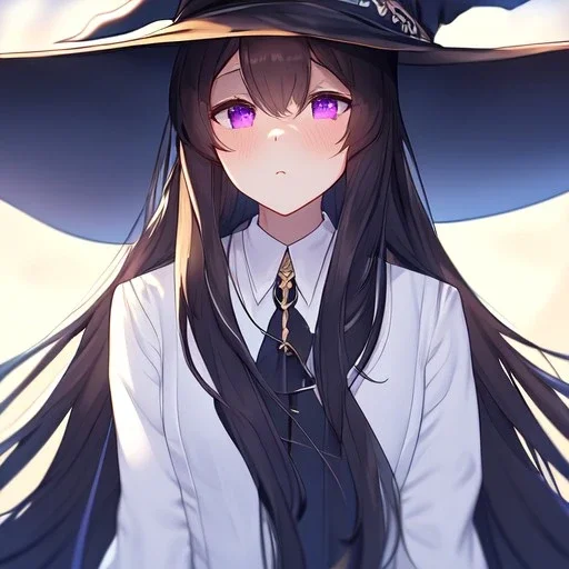 Clear focus,8k,Beatiful Lighting,Beatiful Blur,Beatiful Face,Beatiful Shading,Black long hair,silky hair, long silky bangs, Purple eyes, wearing a witch outfit, extreme close up