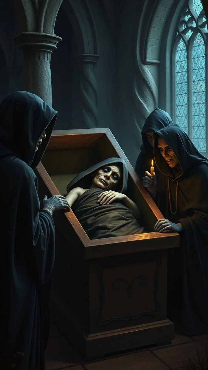 Bosch painting style, 3D hooded creature sleeping in a coffin surrounded by other hooded creatures wearing in black one of them carrying a small candle in scary dark church,