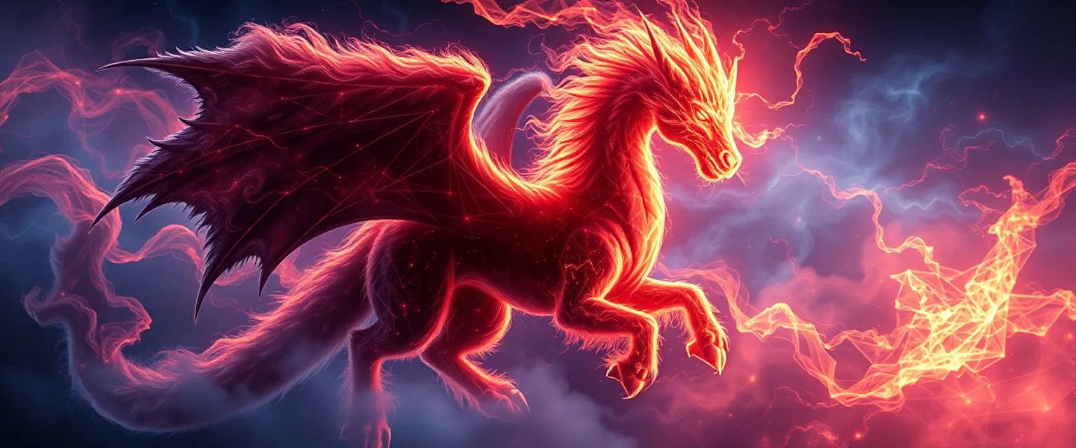 plasma vampire flickers like hypnotic fire in geometric shapes like a dna swirl of time and a fearsome fluffy dragon horse