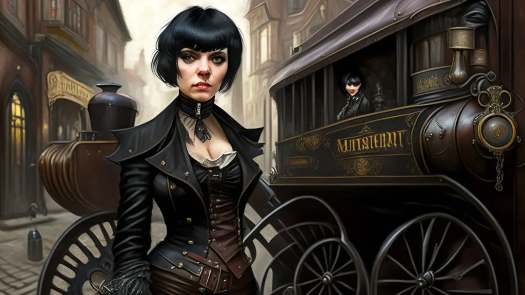 body portrait of a gothic woman with a black bob with a full fringe hairstyle, dressed in brown leather trousers, waistcoat, and gloves, in a Victorian street next to a steam carriage, full colour