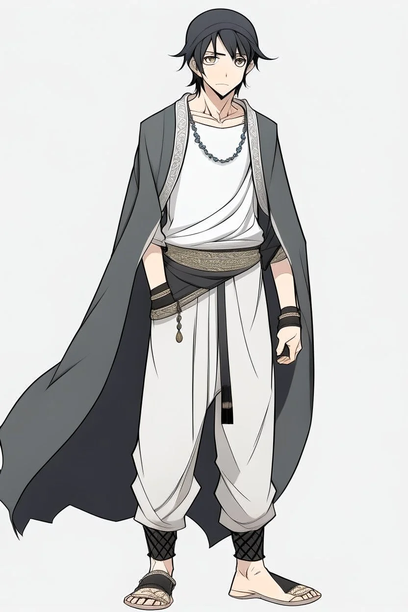 "Draw an anime character, a man with a black hair and full body, wearing traditional Arab clothing. He has white eyes outlined in black eyes color witw