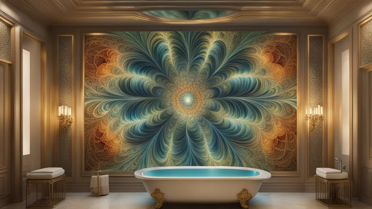 a big stunning fractal illustration with stepwise metalic colors on the wall in the luxury bath, hyperdetailed , natur lighting, intricate detailed, high focus, cinematic, stunning, photorealistic