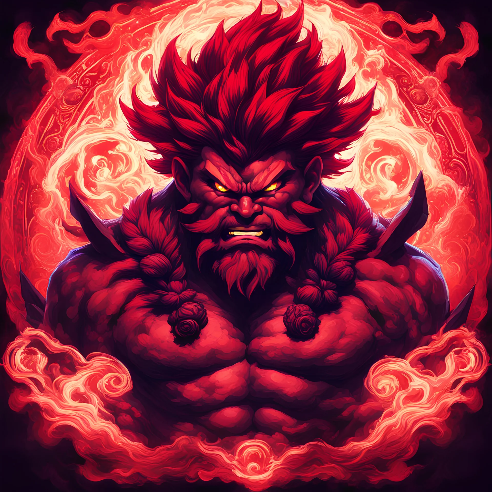 Akuma glowing red, in bohemian art style, background yorks