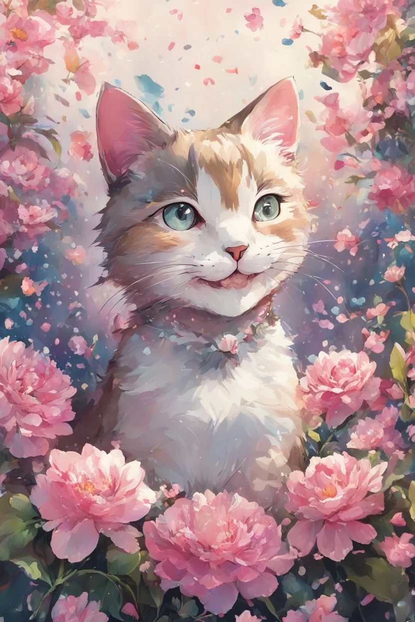 high resolution,best quality anime, highres,Full Body, 8k character concept,8k, pixiv, illustration, ultra-detailed, face focus,Line Art,Ink,acrylic painting,pastel painting,mysterious,elaborate,dof,Laughing cat with a bouquet of flowers,confetti of flowers, kawaii, thick eyebrows, smile, pastel colors, pop art, anime style, very delicate brushwork, clear, vivid, face Clear