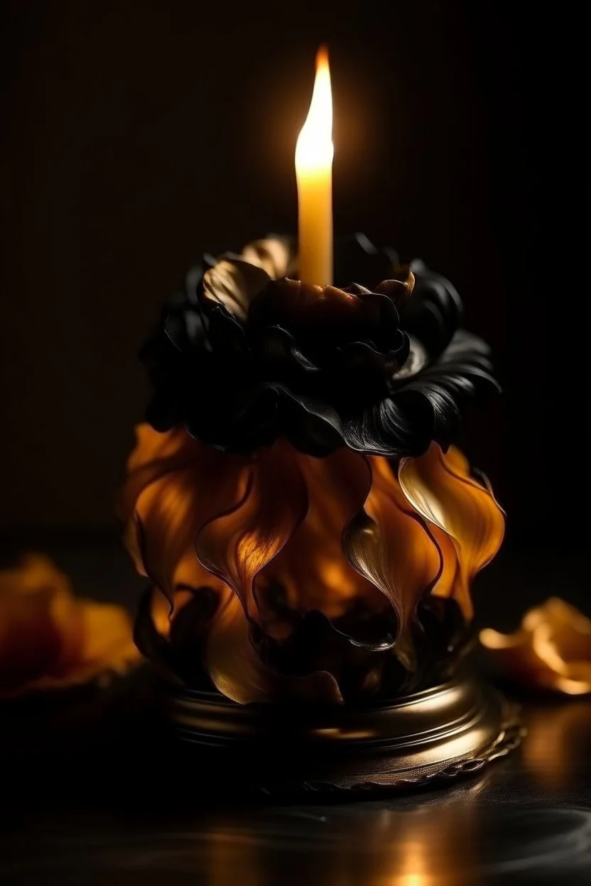 magic vintage candle made of whirlwinds, golden black, close-up, petals, realistic, botanical