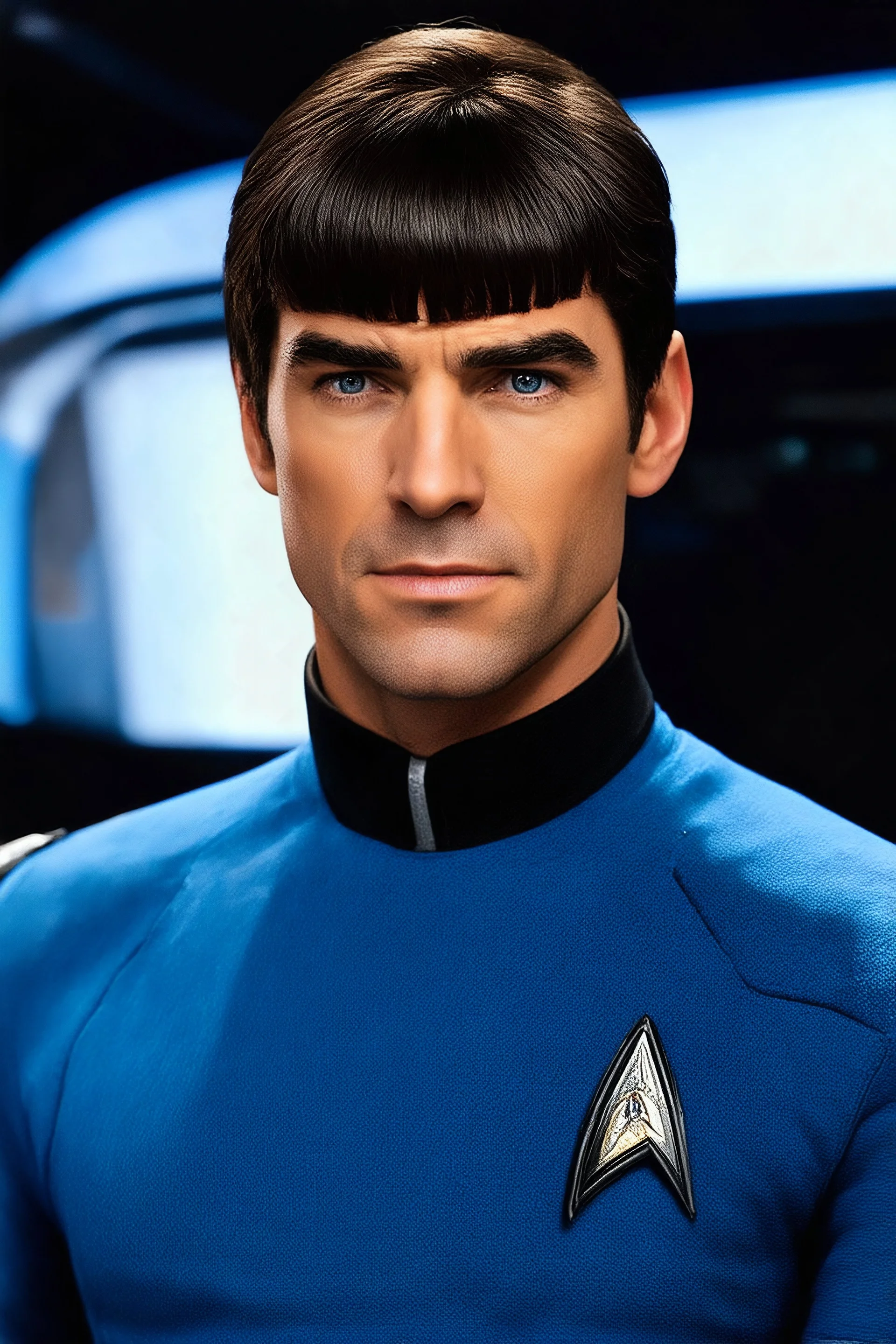 absolutereality_v181.safetensors [3d9d4d2b] - outer space, 30 year old man, Henry Cavill/Leonard Nimoy as Commander Spock, short, dark brown hair the bangs combed straight down over the forehead, blue eyes, thin, dark, extremely slanted eyebrows, thin face with a strong jawline, bright eyes, wearing a Star Trek Starfleed blue Science Officers Uniform, background is outer space, 8k ultra-hd, hyper realistic, photorealistic, realistic, focused, cinematic lighting,