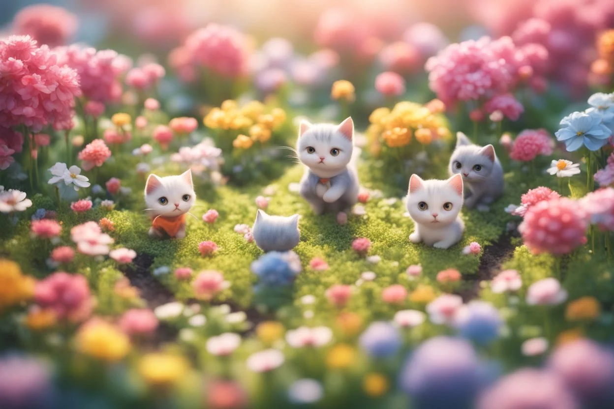 top view of a miniature flower farm scene with cute chibi anime gardener cats tending to the flower fields S<AI in sunshine, photorealistic, 3D, ethereal, cinematic postprocessing, bokeh, dof