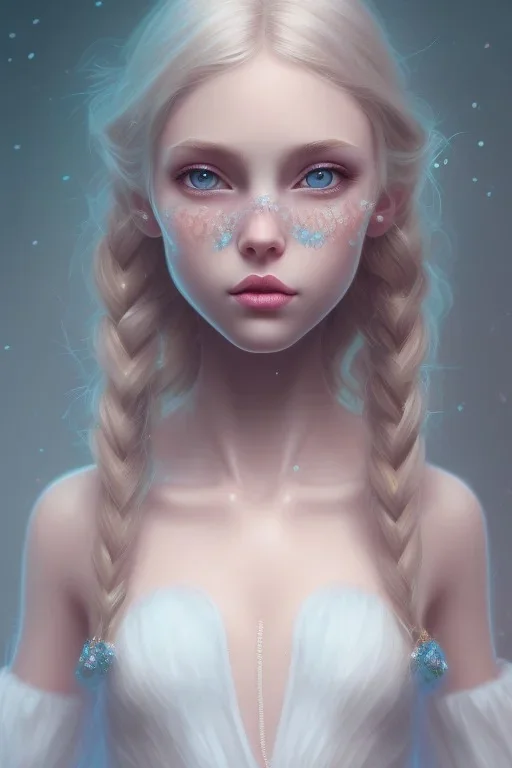 girl, cute, beautiful, blonde hair, loose braid, blue eyes, big eyes, pale skin, blue dress, ice dress, long eyelashes, pink lipstick, thin lips, small nose, semirealistic, 8k resolution concept art portrait by Greg Rutkowski,