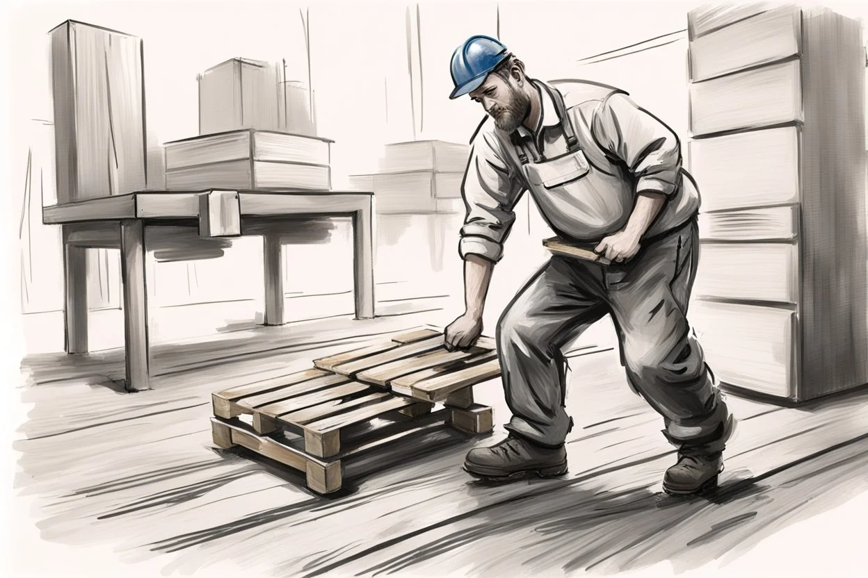 a swedish industry worker from sweden, very strong pushing a wooden pallet along the floor in a factory, very basic sketch painting like the image i uploaded