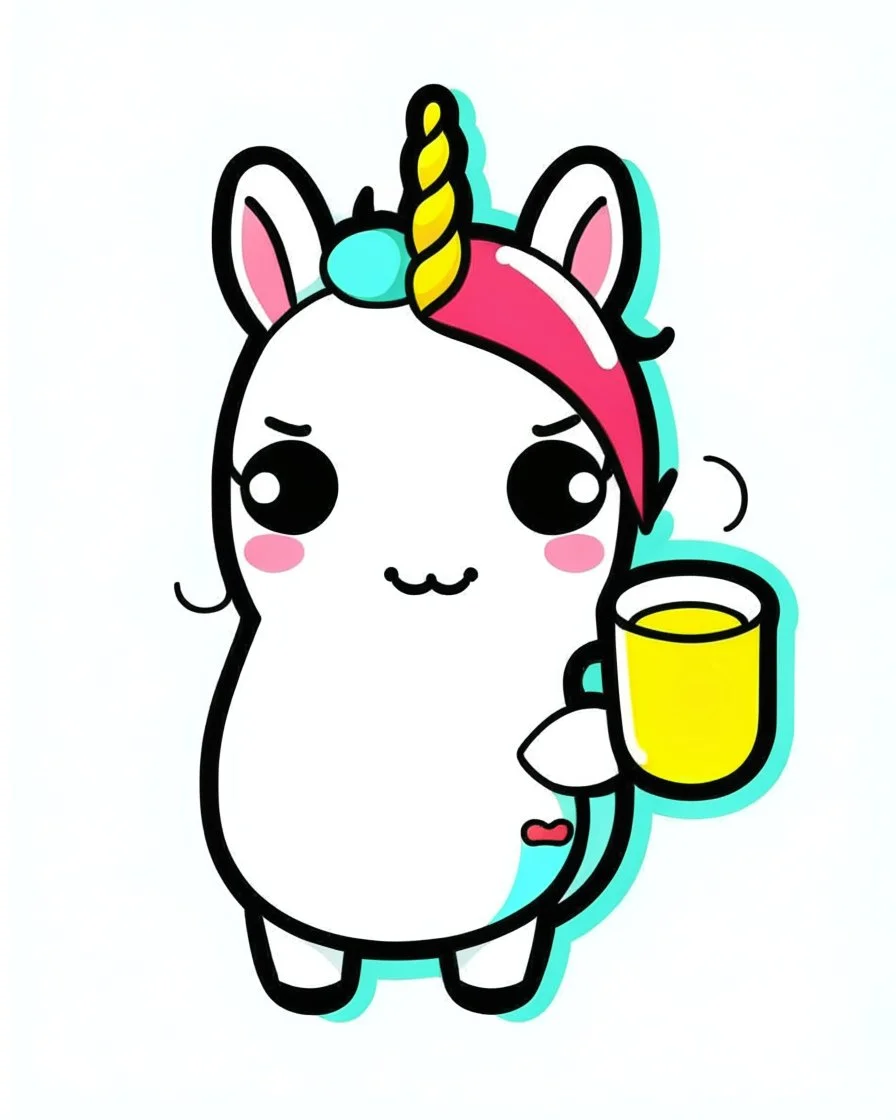 create a 2d outline, minimalist kawaii unicorn smiling and holding happy cup of coffee, high quality, colorful,colors,