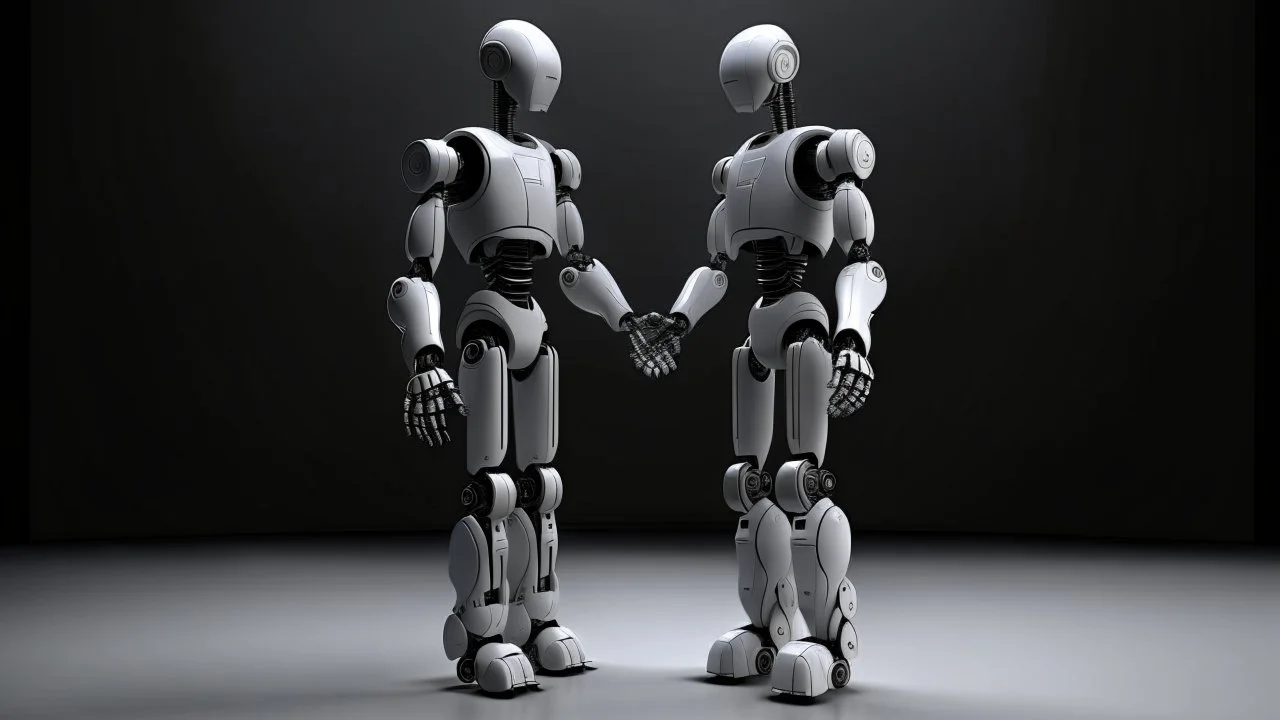 Create an image featuring two humanoid robots holding hands. One robot should have a shiny light gray finish, while the other should have an opaque dark gray appearance. Both robots have their heads slightly tilted downwards, giving a mechanical and somewhat contemplative look. The setting is minimalistic, focusing on the contrast between the robots' finishes and their human-like connection.