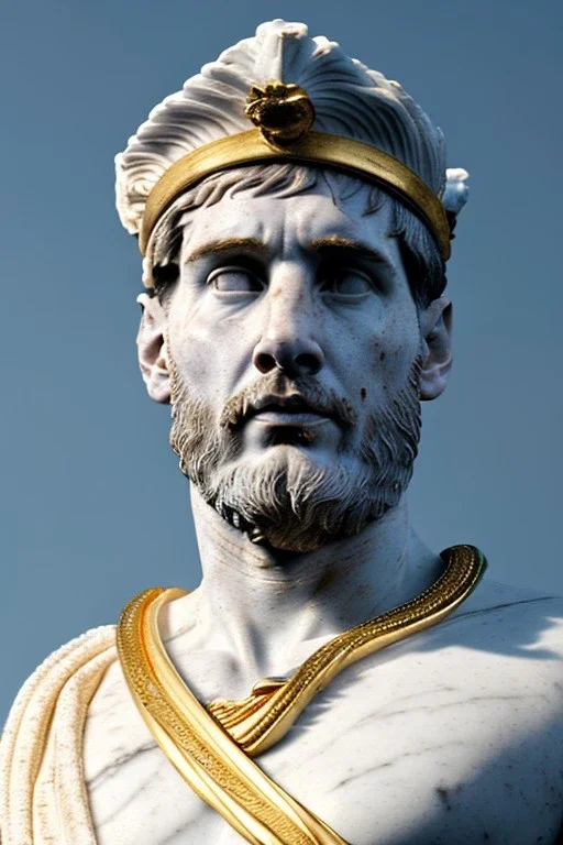 Realistic image, Roman sculpture made in white marble with gold veins, Lionel messi with gold laurel leaves crown, decorative star on the chest, waist up portrait, marble material, gold ornaments, Baroque style, sun rays background, epic, celestial, cinematic lighting, God lights, 4k resolution, smooth details, soft lighting, unreal engine 5, art station, substance 3d.