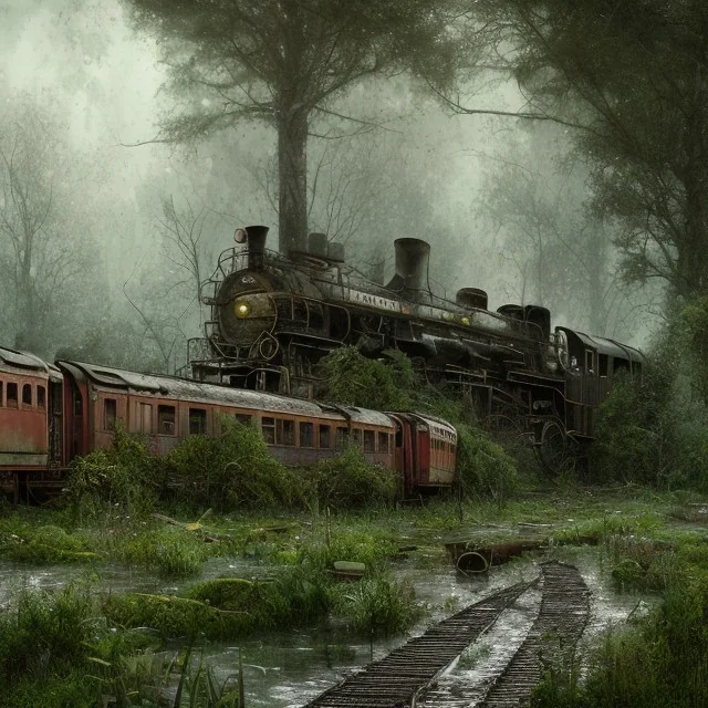 an abandoned train on tracks overgrown by nature with large puddles of water flooding part of tracks, 8k resolution, high-quality, fine-detail, intricate, digital art, detailed matte, volumetric lighting, illustration, 3D octane render, brian froud, howard lyon, selina french, anna dittmann, annie stokes, lisa parker, greg rutowski