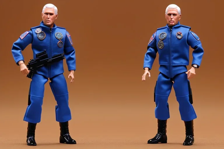 Plastic Mike Pence as G.I. Joe toy Doll figure With a pistol space force Commander Blue fabric uniform, black Moonboot