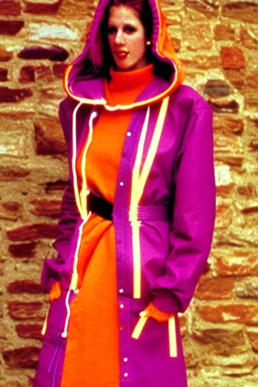 late 1990's women street fashion. Light dress with integrated bags and with new kind of hood with tippet that continues downwards too! horizontal zipper reveals belly. recycled denim straight, Pike fish, huge vulgarism, -print.lilac, plum, orange, terracotta, red, light yellow, lion yellow, pink, dark blue, beige. wide belt. Partly latex or leather.Tyra Banks.Missy Elliot,Jennifer Lopez.Karjalainen kuvio,Karjala pattern tradition