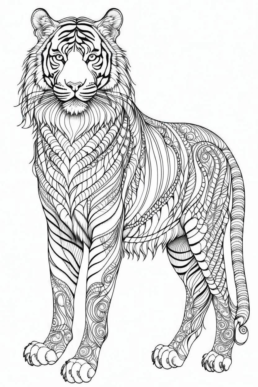 outline art for an Adult coloring page, Tiger with a white background, Sketch style, full body, only use outline< Mandala style, clean line art, white background, no shadows and clear and well