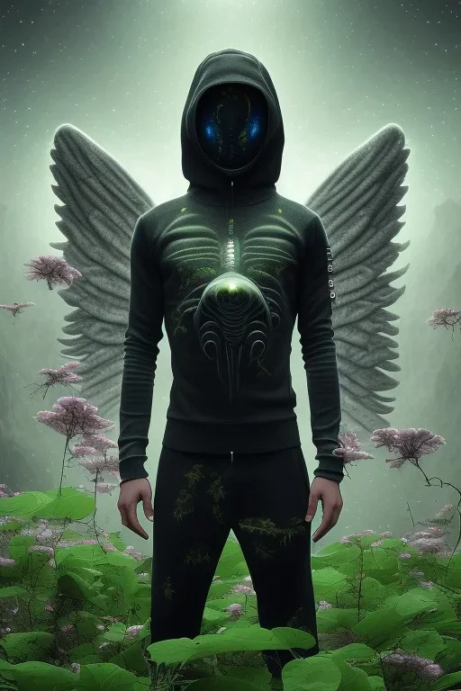 running alien portrait , black jogging suite , in the night Alps , holding leaves and flowers , angels background, volumetric light, high detail, dark leaf tree, dark mountains in background, perfect, HR Giger style