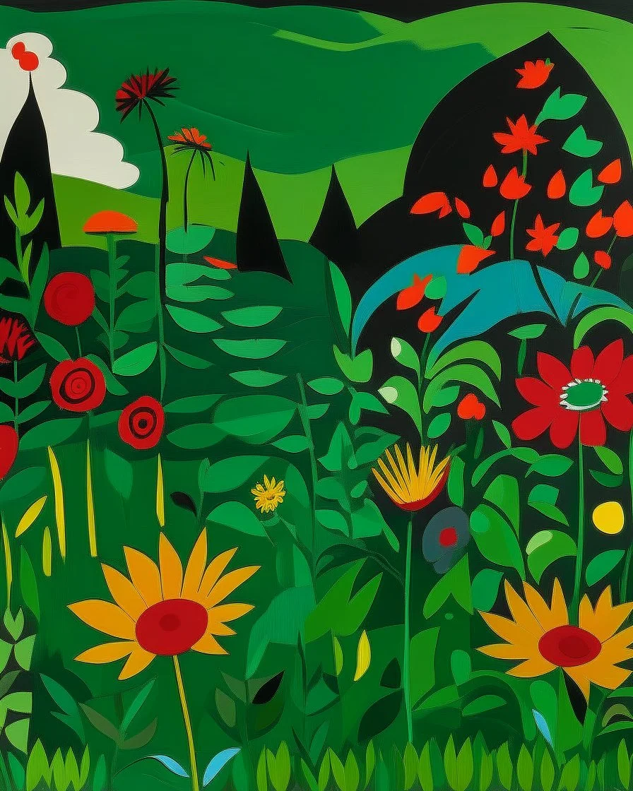 A dark green field with flowers painted by Stuart Davis