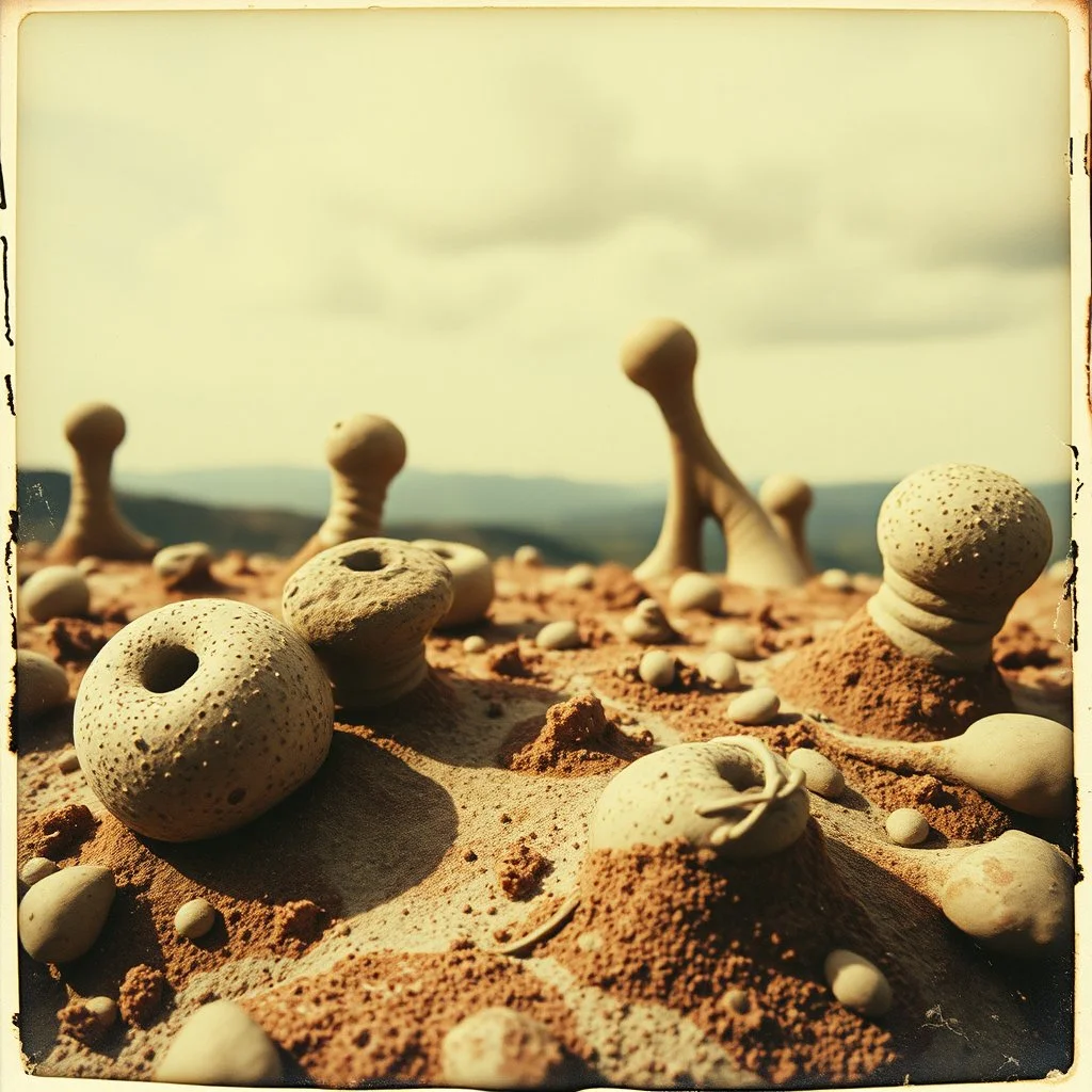 Photography polaroid close-up of an surface with odd Yves Tanguy incomprehensible forms, Surrealism, organic, strong texture, panic, obsessive, hypnotic, landscape view