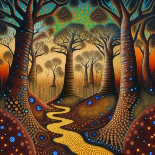 Aboriginal art of Boab Tree in the Australian outback, earthy colours of dark reds and browns , Aboriginal patterns and dots and symbols