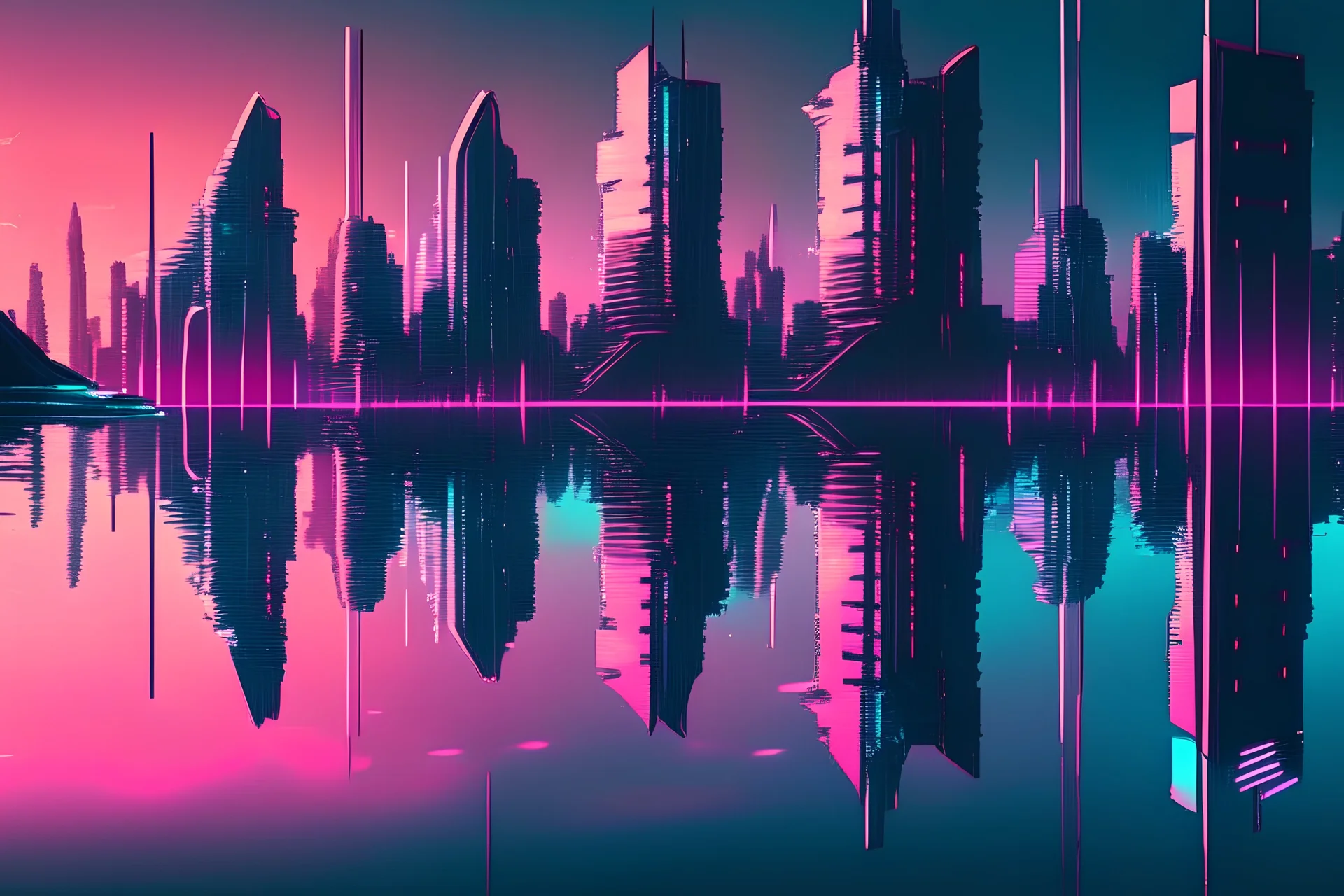 water reflection, sci-fi, retrowave city