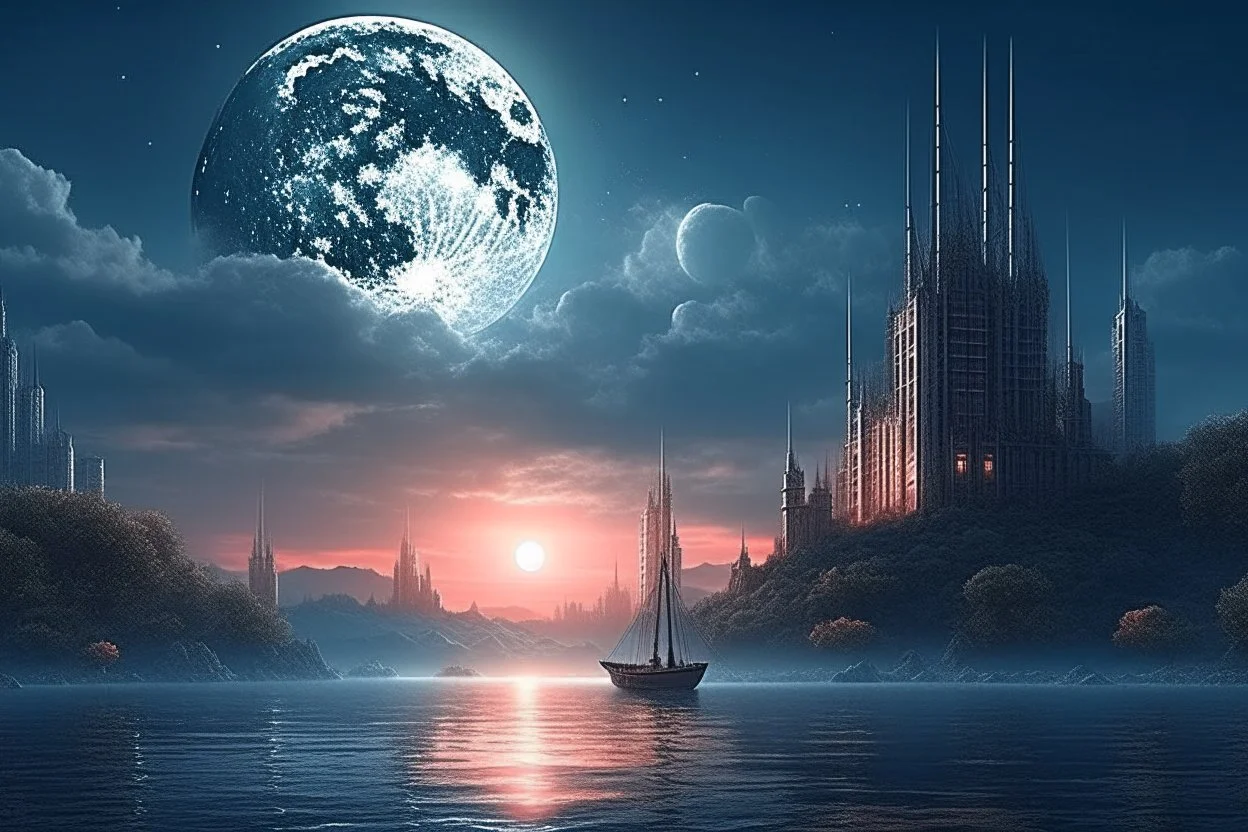 moon, clouds, distant city, lake, sci-fi, boat, epic