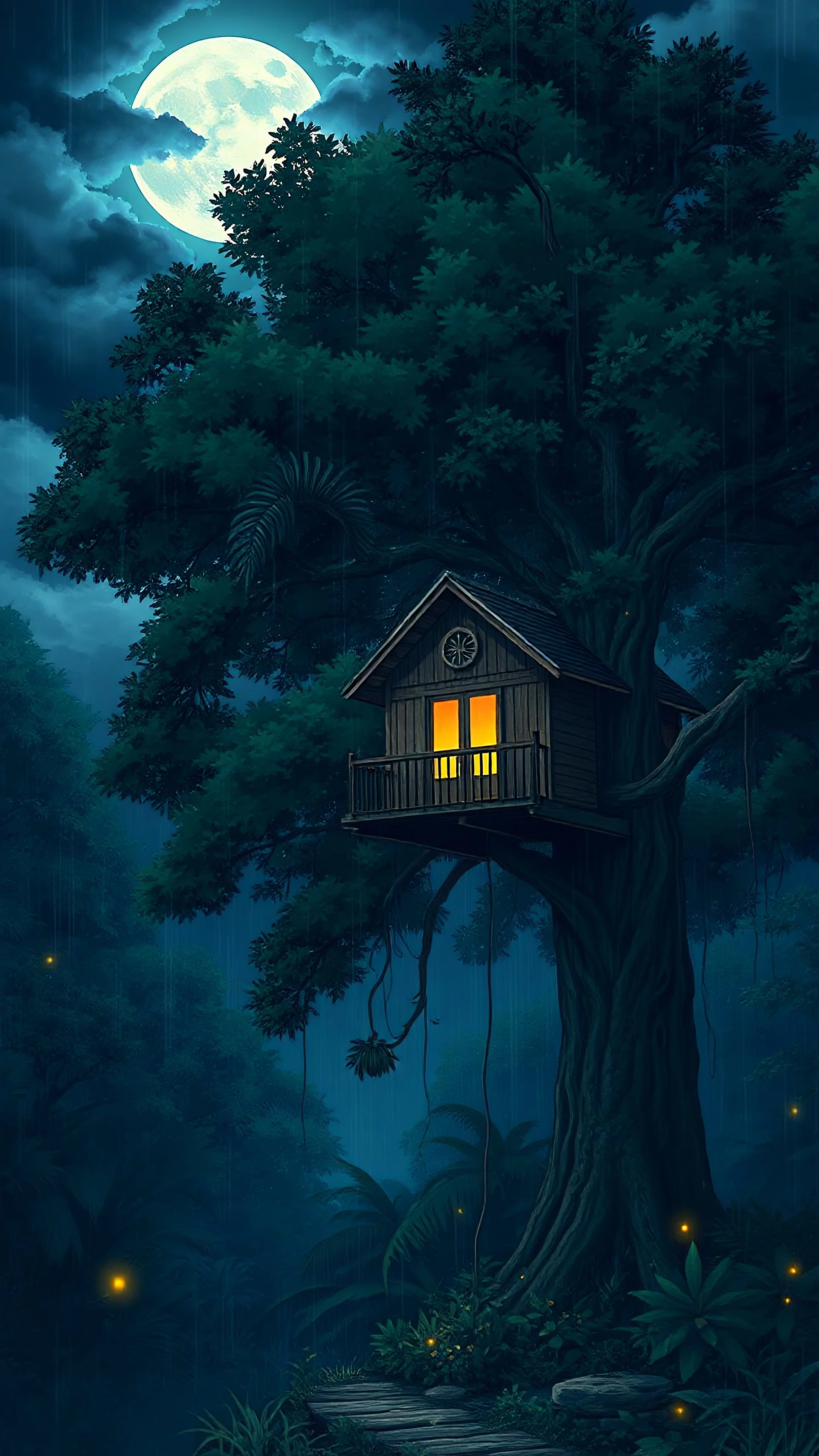 Secluded treehouse, dense jungle, fireflies, moonlit night, anime style anime style , dark clouds , rain, anime style