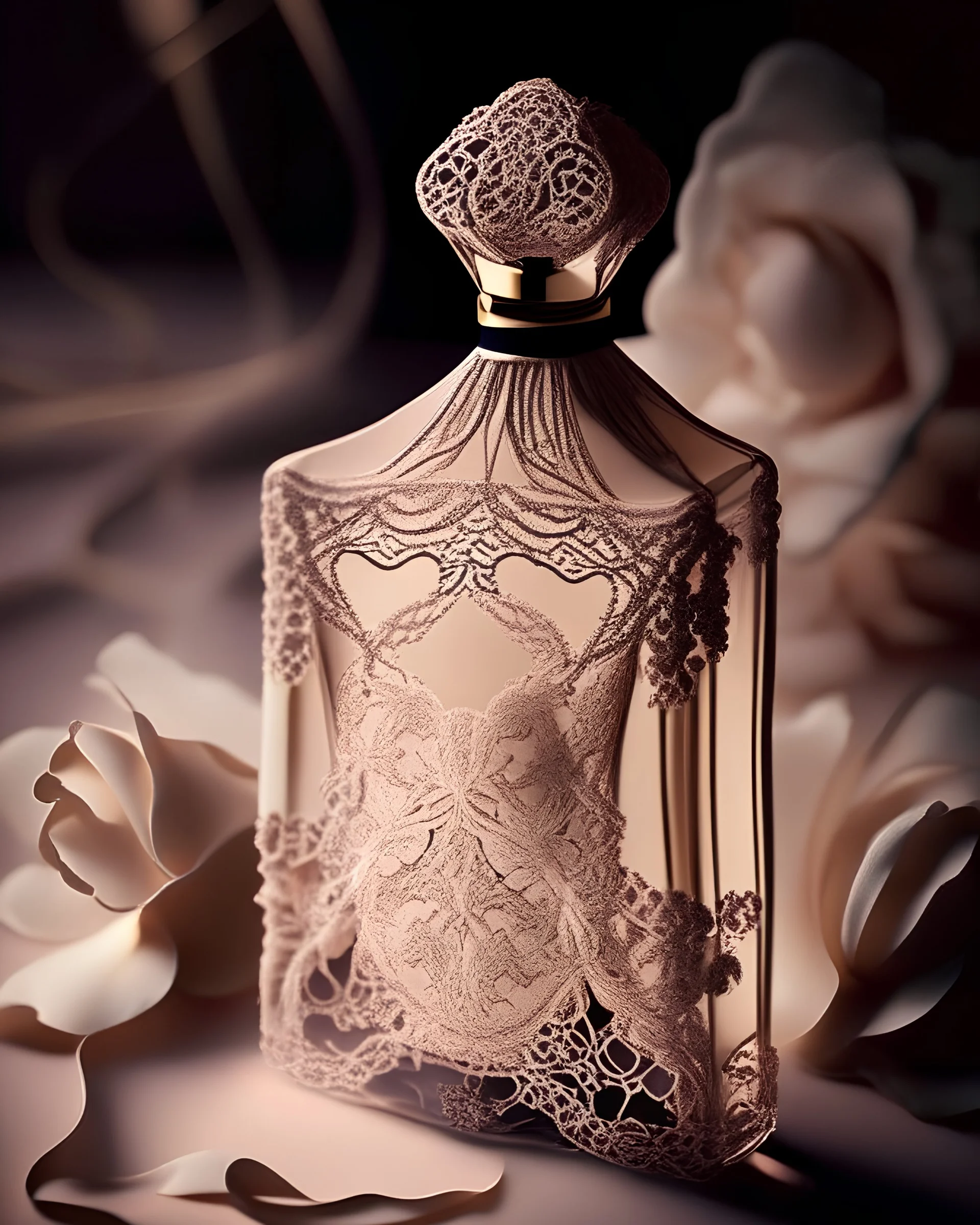 generate me an aesthetic photo of perfumes for Luxurious Lace: Add a touch of elegance with lace and delicate fabrics.