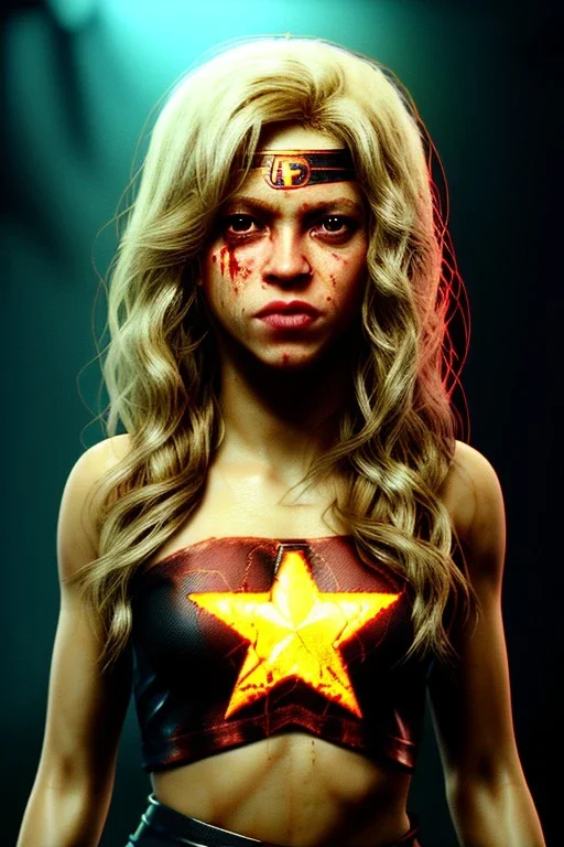 portrait, Shakira, blonde, angry, Realistic image, superhero, watchmen style, gold make-up, blood, sweat, fog, goddess style, Neon colors, leds. Black background, photo studio, concept art, smooth, unreal engine 5, god lights, ray tracing, RTX, lumen lighting, ultra detail, volumetric lighting, 3d, finely drawn, high definition, 4k.