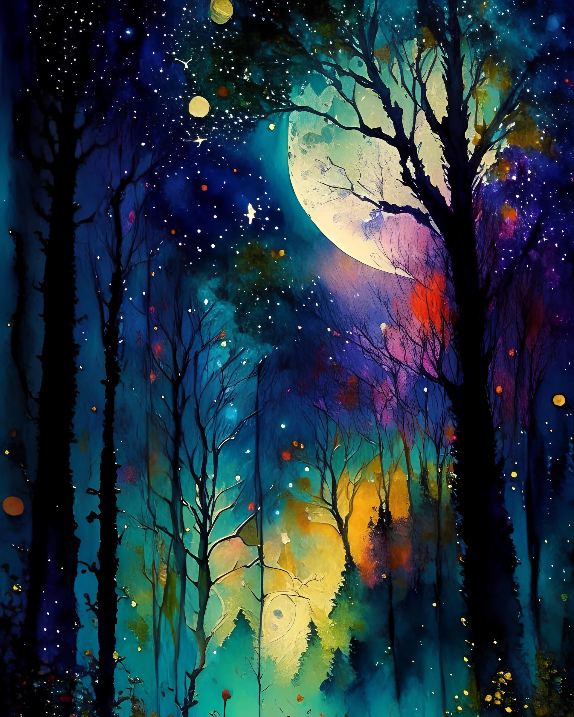 Enchanted,evening,starry night, moon,forest , Art work design,watercolor painting, splash colors,artwork kuniko y.craft,janek sedlar, Peter holme