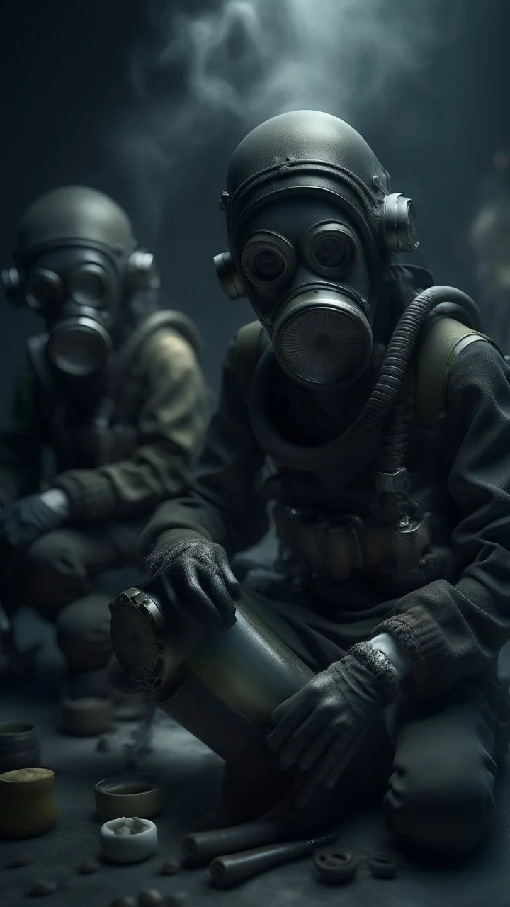 A drums player wearing gas masks, they are tied to their musical instruments ,surrealism of the dark of a nightmare ten miles high and six foot deep, hyper photorealistic, hyper detailed dark art color, high resolution, fog, octane render, tilt shift, HDRI Environment, all pictures dark gray