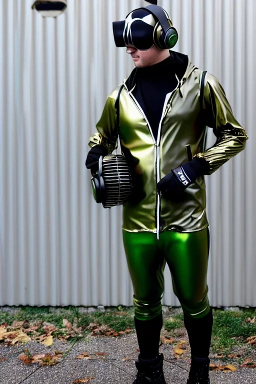 Metallic Cyber-punk style man with a web-camera-mask and old AKG-style headphones with golden rings. Large fencing mask covers man's cheeks. Man in good body shape. Reflective plastic body jacket full-coverage. Body and head full of integrated old-fashioned cameras and an old telephone. Black to army green latex surfaces body. Perfect body. Euclidean 3D-tiling, Escher tiling, background. Cables in head. Daft Punk 1996. Matrix black leather jacket with a Hood.