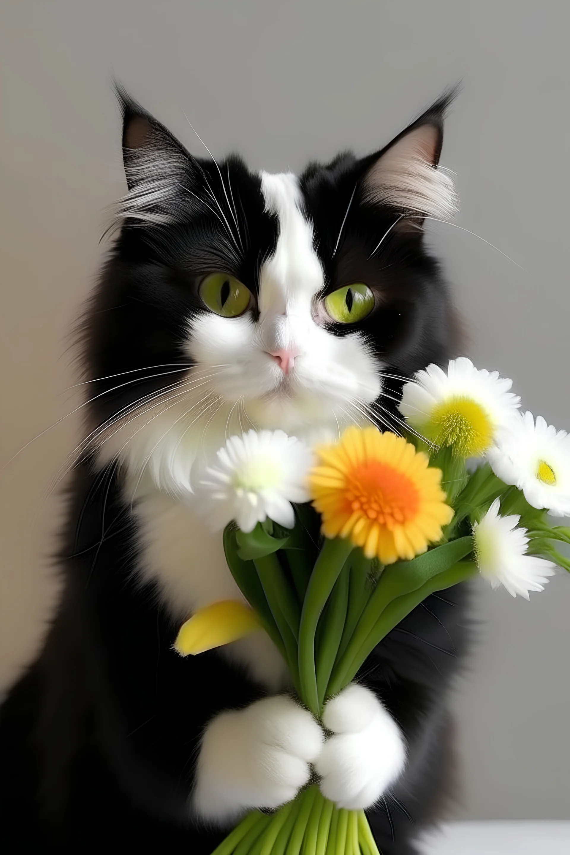 A fluffy black-white cat holds a bouquet of flowers in his paws and congratulates on March 8