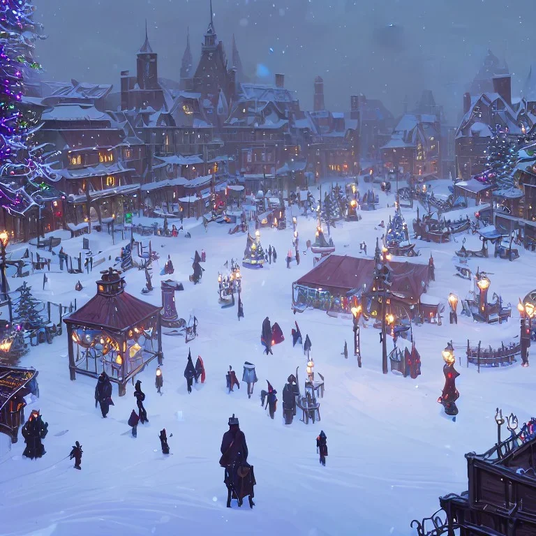 A snowy warlock Christmas festivities in town square with bridges