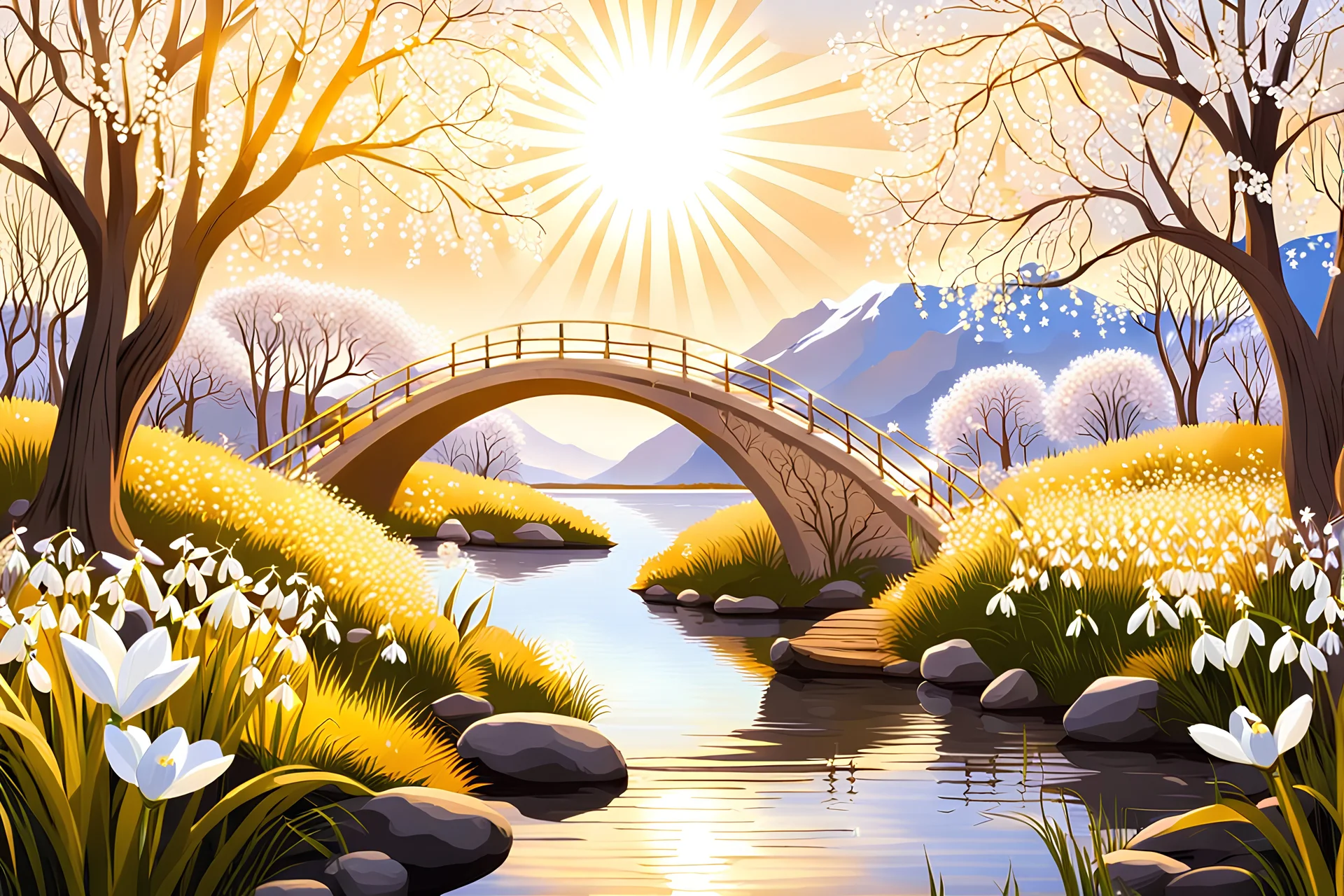magic garden with white snowdrops flowers, white, or gold light effects colors, sun, realistic, blooming trees in springtime, willow, bridge, pond, wood, white mountains, highly detailed, high contrast, 8k, high definition, concept art, sharp focus