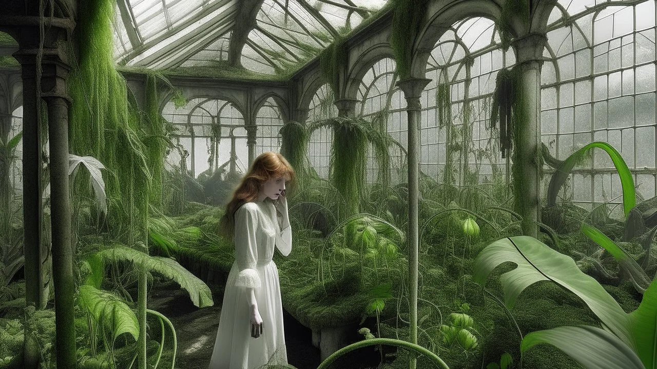 ABANDONED GREENHOUSE WHERE SOME CLIMBING AND CARNIVOROUS PLANTS STILL LIVE and A MYSTERIOUS LADY DRESSED IN WHITE