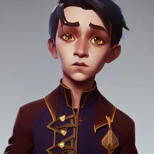 Portrait of a 9 year old warlock boy with charming eyes Nick Harris style