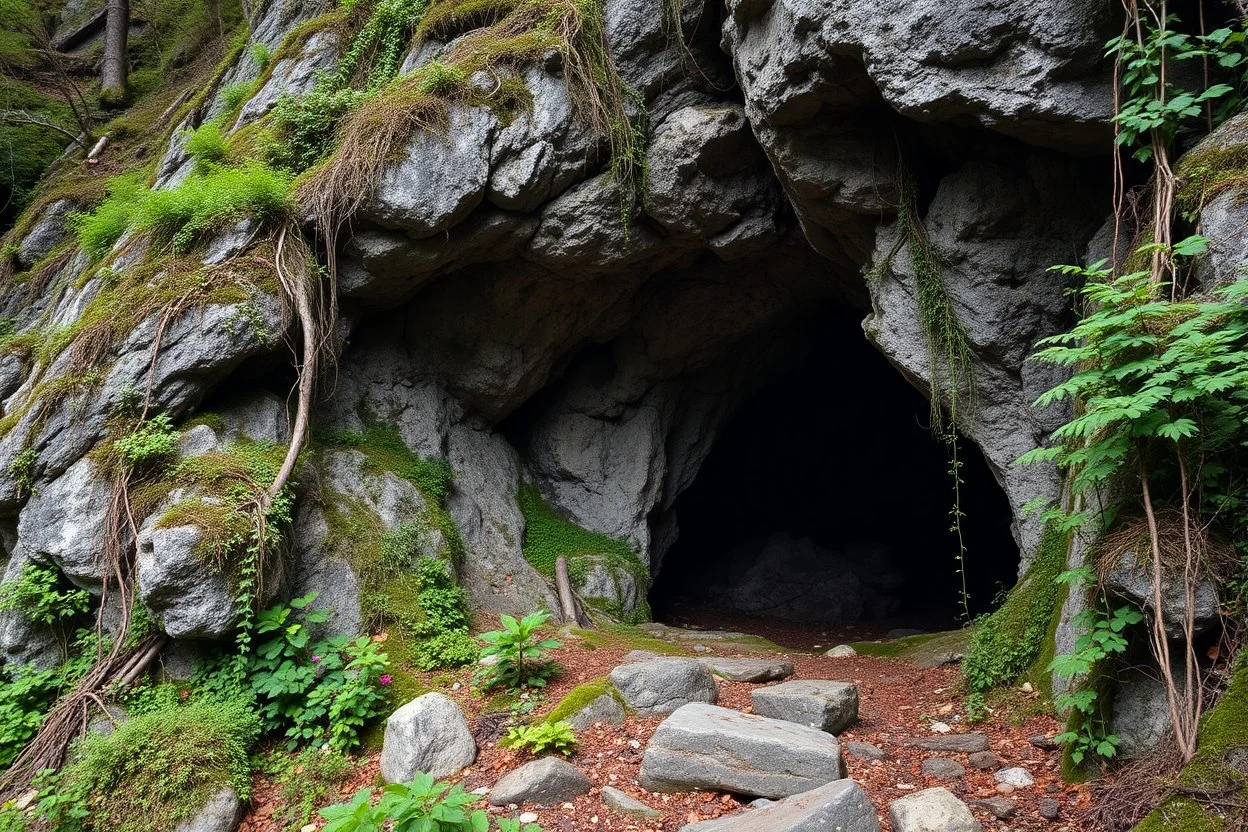 Representación de la entrada a las grutas en la ladera de una montaña, semioculta por vegetación y enredaderas. bosque encantado, magic y fantasia medieval. misticismo sagrado. atmosfera mistica. Formaciones rocosas naturales enmarcan la entrada. La imagen sugiere misterio y aventura, con un contraste entre la oscuridad de la cueva y los colores vivos del exterior. Las Grutas de Anwyn se adentran en las profundidades de la montaña, con entradas ocultas entre vegetación y formaciones rocosas imp