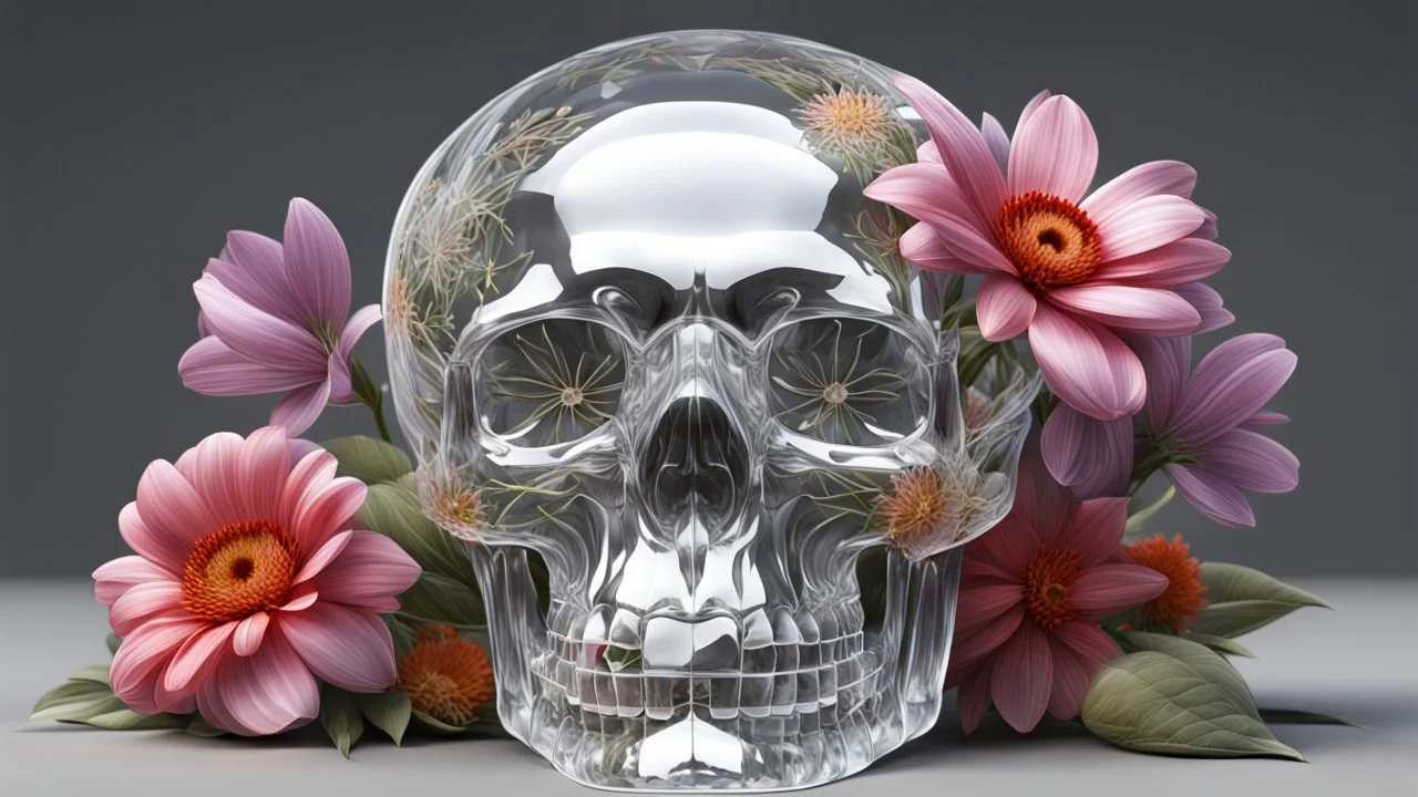 flowers in a crystal skull, clear lines, detail, fine rendering, high resolution, 64K, photorealism, precise focus,