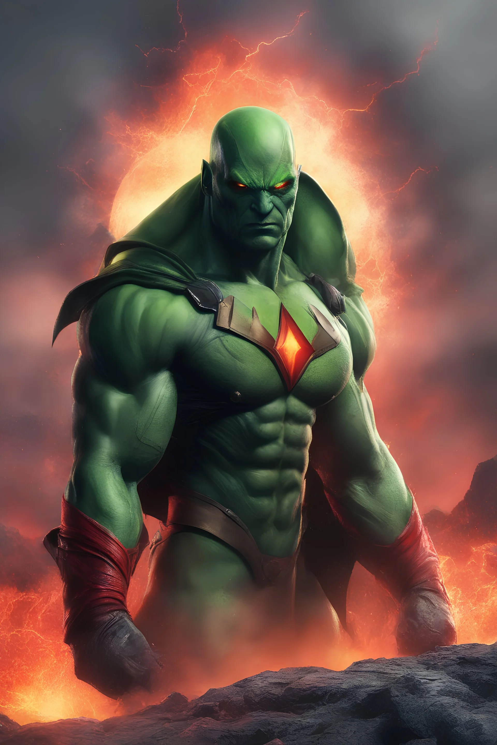 Martian Manhunter, Strong, athletic physique, action poses, battle scars, blood, foggy, cloudy background, multicolored lightning, flowing lava, Full Eclipse, aliens, explosions, bright, vibrant, extremely colorful, detailed, blood red skies. Mechanical v3.1, Botany v3, HDR v3, Whimsical v3, Festive v3, Horror v3, Dark Fantasy v3, Dreamland v3,